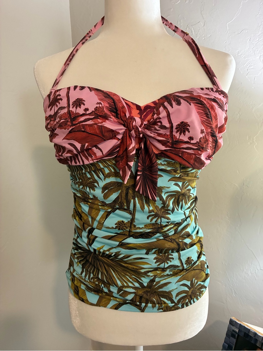 Bleu Rod Beattie Pink & Aqua Tropical Halter Ruched Camisole